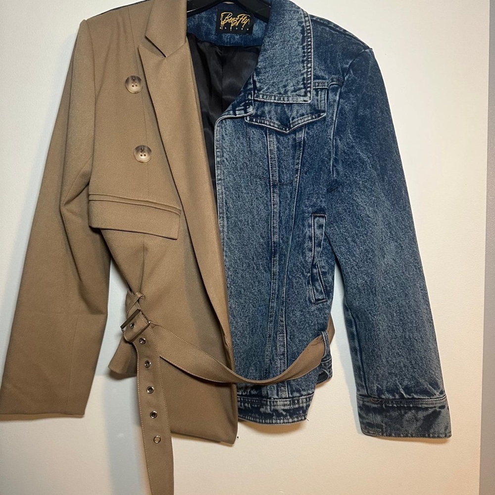 Two-Tone Women’s Blazer & Denim Jacket Hybrid - Beige & Blue